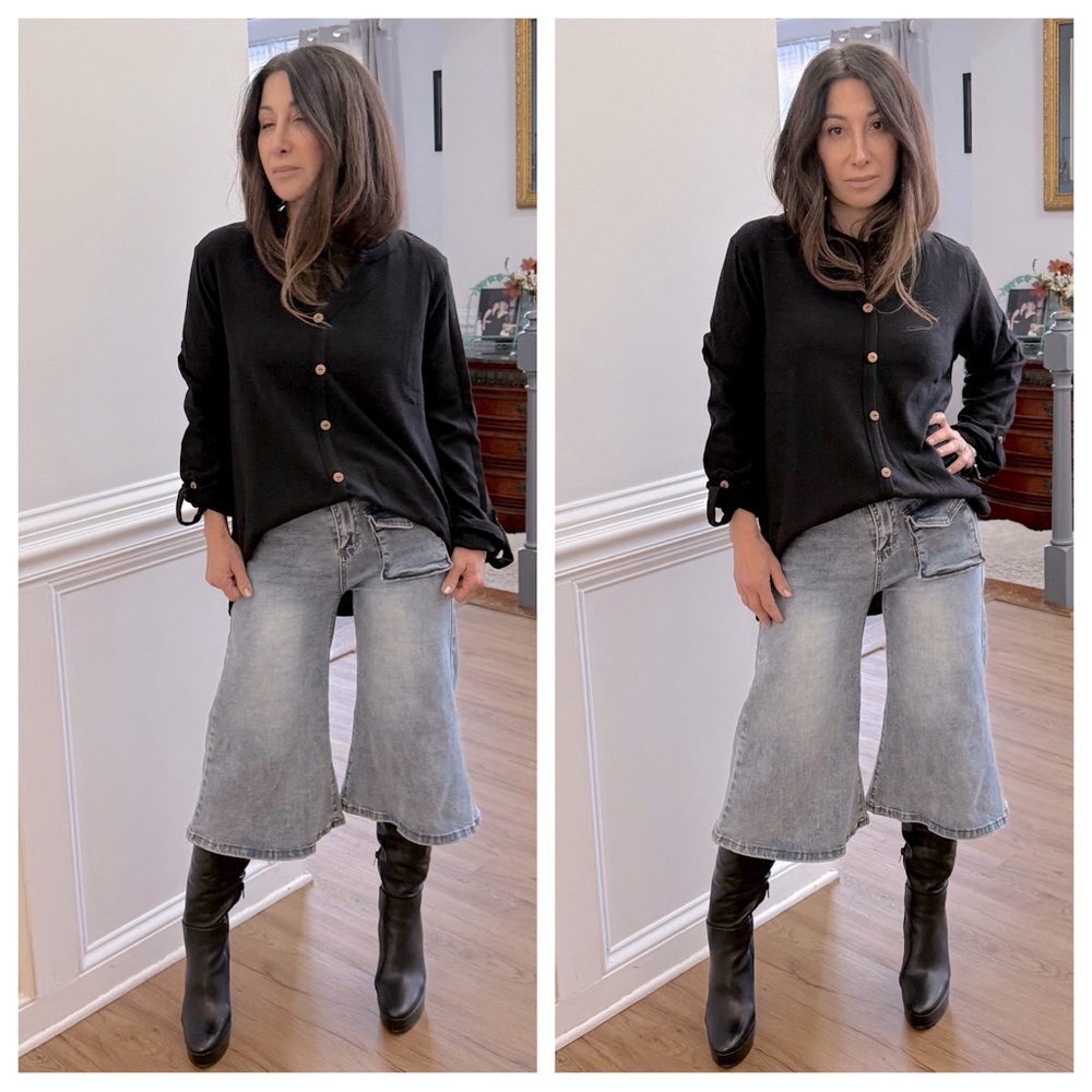 WOMEN V NECK BUTTON UP LONG SLEEVE KNIT TOP
